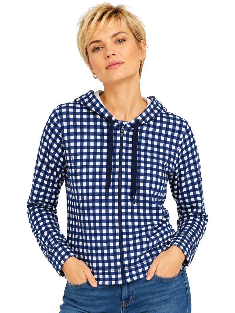 J. Crew Navy Blue Windowpane Check Cotton Full Zip Hoodie